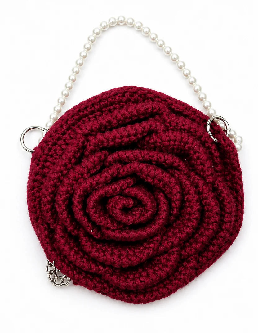 Crochet Handmade Rose Bag With Beaded Sling