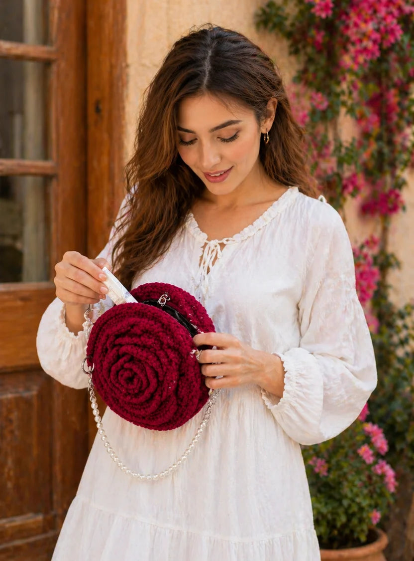 Crochet Handmade Rose Bag With Beaded Sling