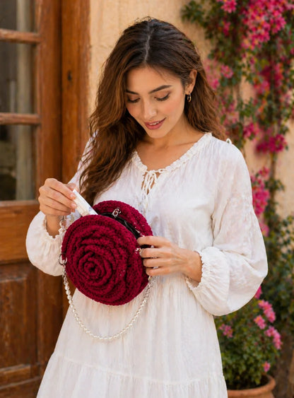 Crochet Handmade Rose Bag With Beaded Sling