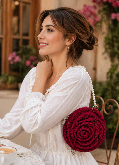 Crochet Handmade Rose Bag With Beaded Sling