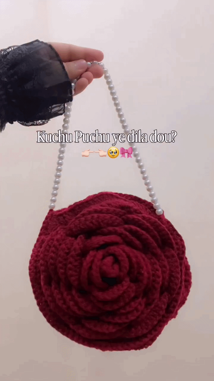 Crochet Handmade Rose Bag With Beaded Sling